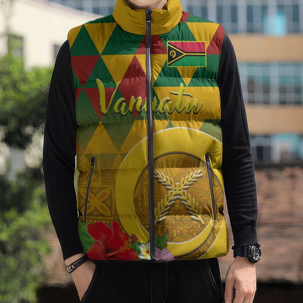 Melanesian Vanuatu Sleeveless Puffer Jacket With Tapa Tribal Pattern and Triangle Geometric Tricolor - Polynesian Pride