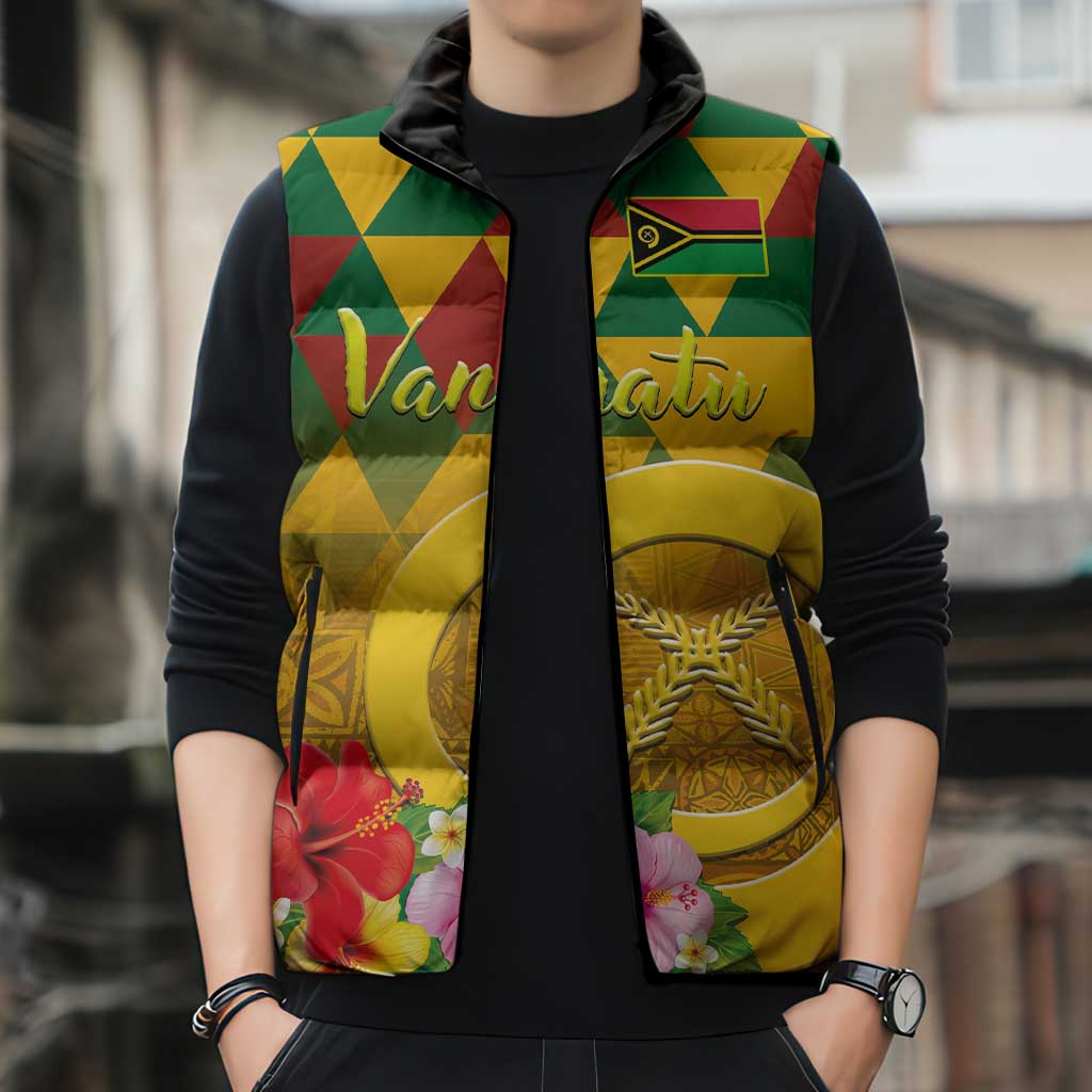 Melanesian Vanuatu Sleeveless Puffer Jacket With Tapa Tribal Pattern and Triangle Geometric Tricolor - Polynesian Pride