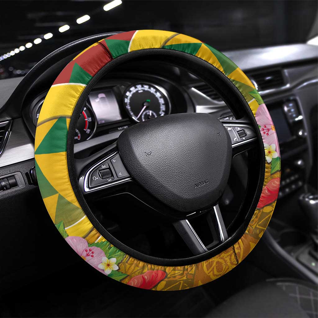 Melanesian Vanuatu Steering Wheel Cover With Tapa Tribal Pattern and Triangle Geometric Tricolor - Polynesian Pride