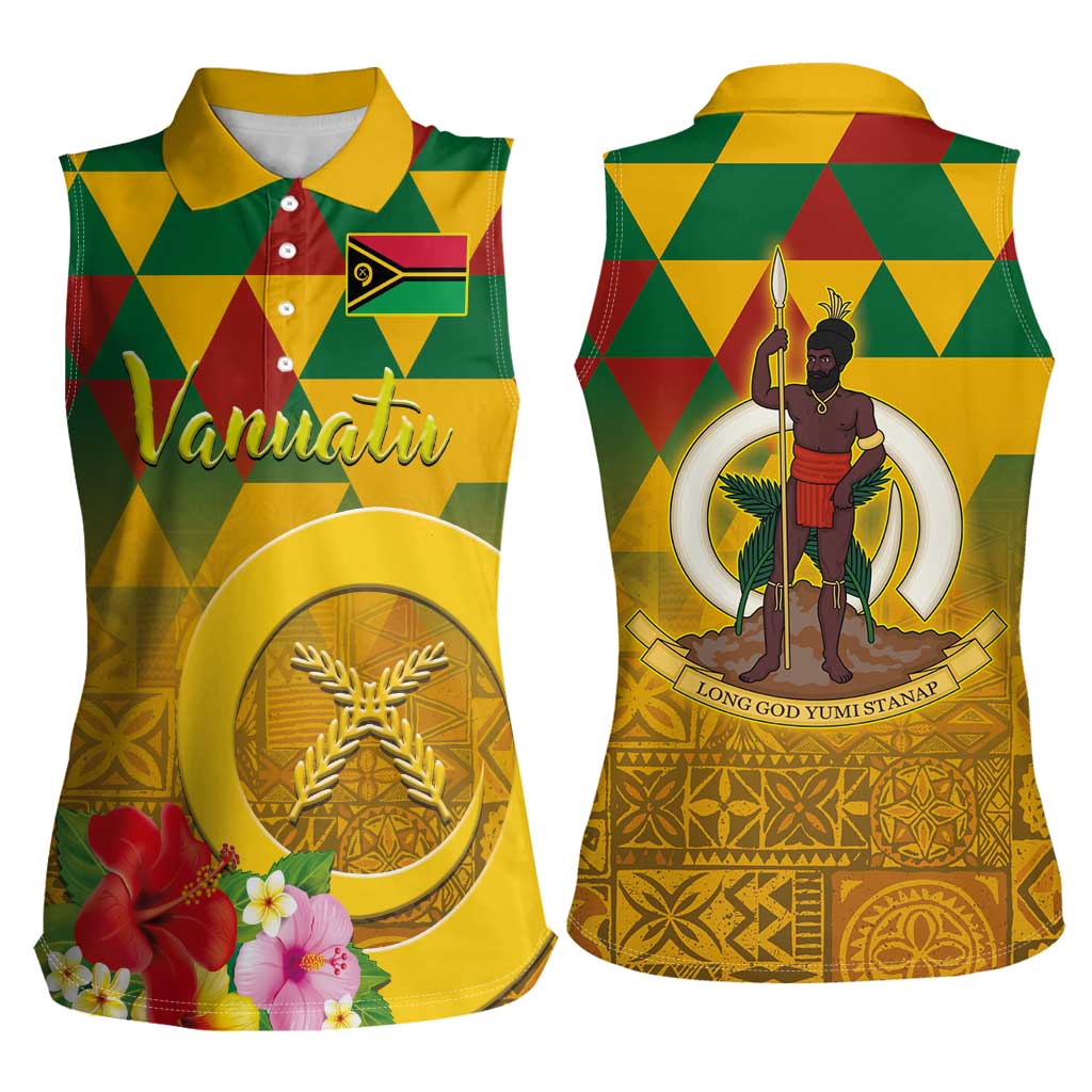 Melanesian Vanuatu Women Sleeveless Polo Shirt With Tapa Tribal Pattern and Triangle Geometric Tricolor - Polynesian Pride