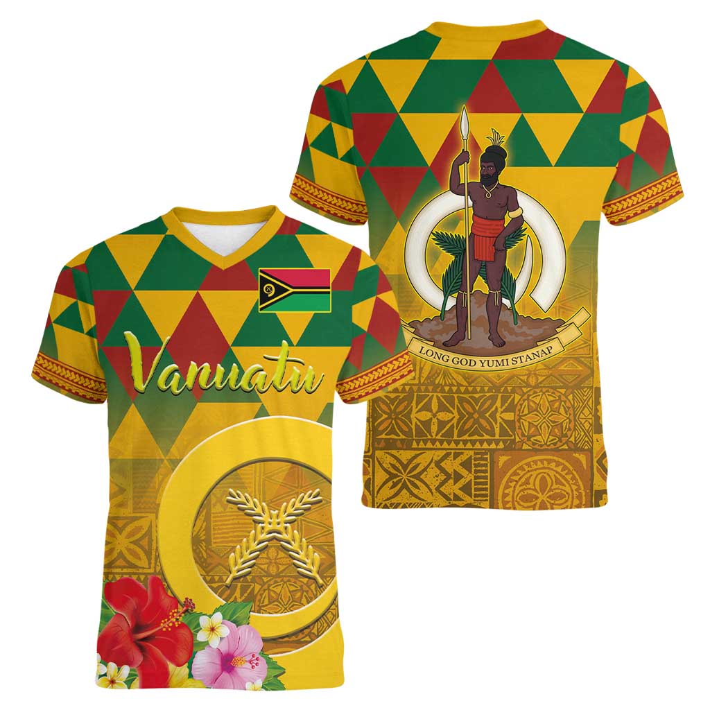 Melanesian Vanuatu Women V-Neck T-Shirt With Tapa Tribal Pattern and Triangle Geometric Tricolor - Polynesian Pride
