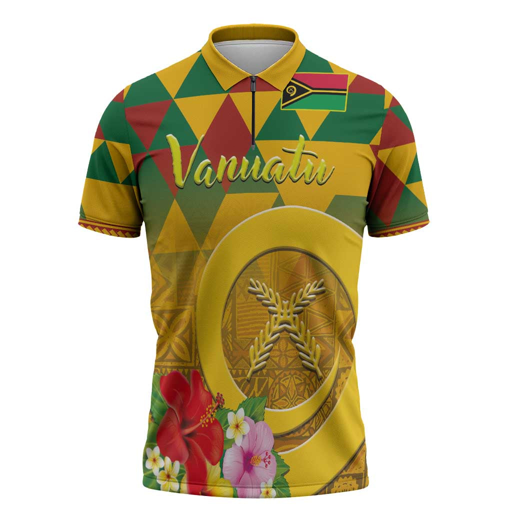 Melanesian Vanuatu Zipper Polo Shirt With Tapa Tribal Pattern and Triangle Geometric Tricolor - Polynesian Pride