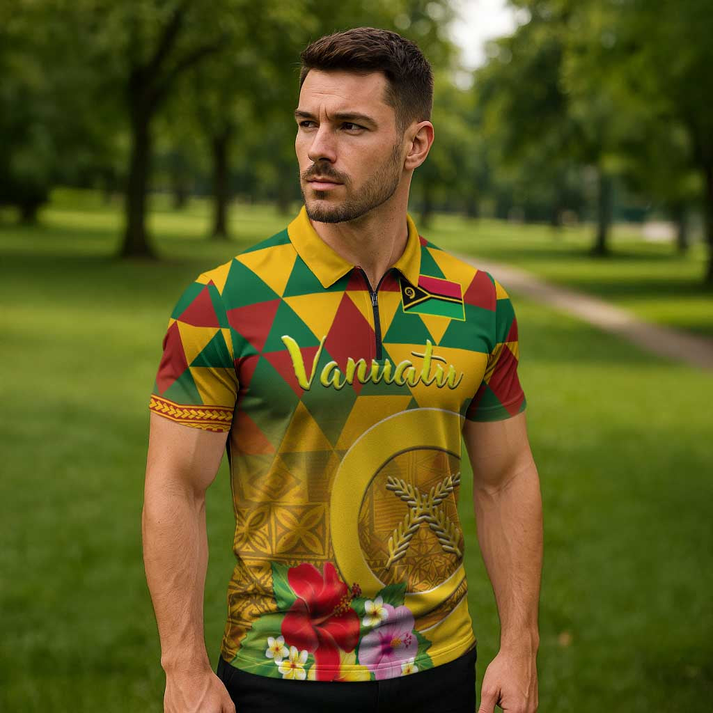 Melanesian Vanuatu Zipper Polo Shirt With Tapa Tribal Pattern and Triangle Geometric Tricolor - Polynesian Pride