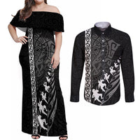 New Zealand Rugby Couples Matching Off Shoulder Maxi Dress and Long Sleeve Button Shirts Haka Dance Tribal God Mask Maori Pattern LT03 Black - Polynesian Pride