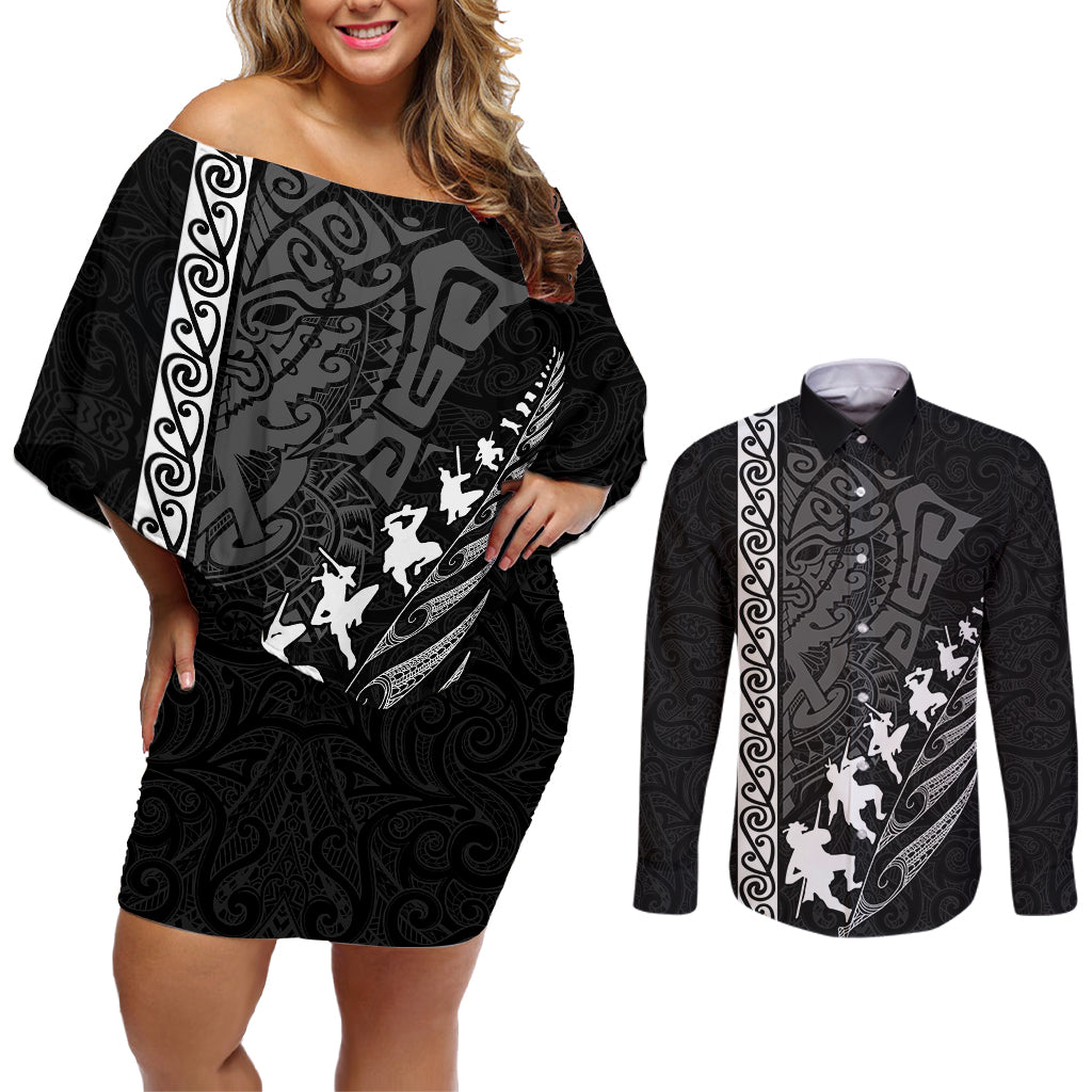 new-zealand-rugby-couples-matching-off-shoulder-short-dress-and-long-sleeve-button-shirts-haka-dance-tribal-god-mask-maori-pattern