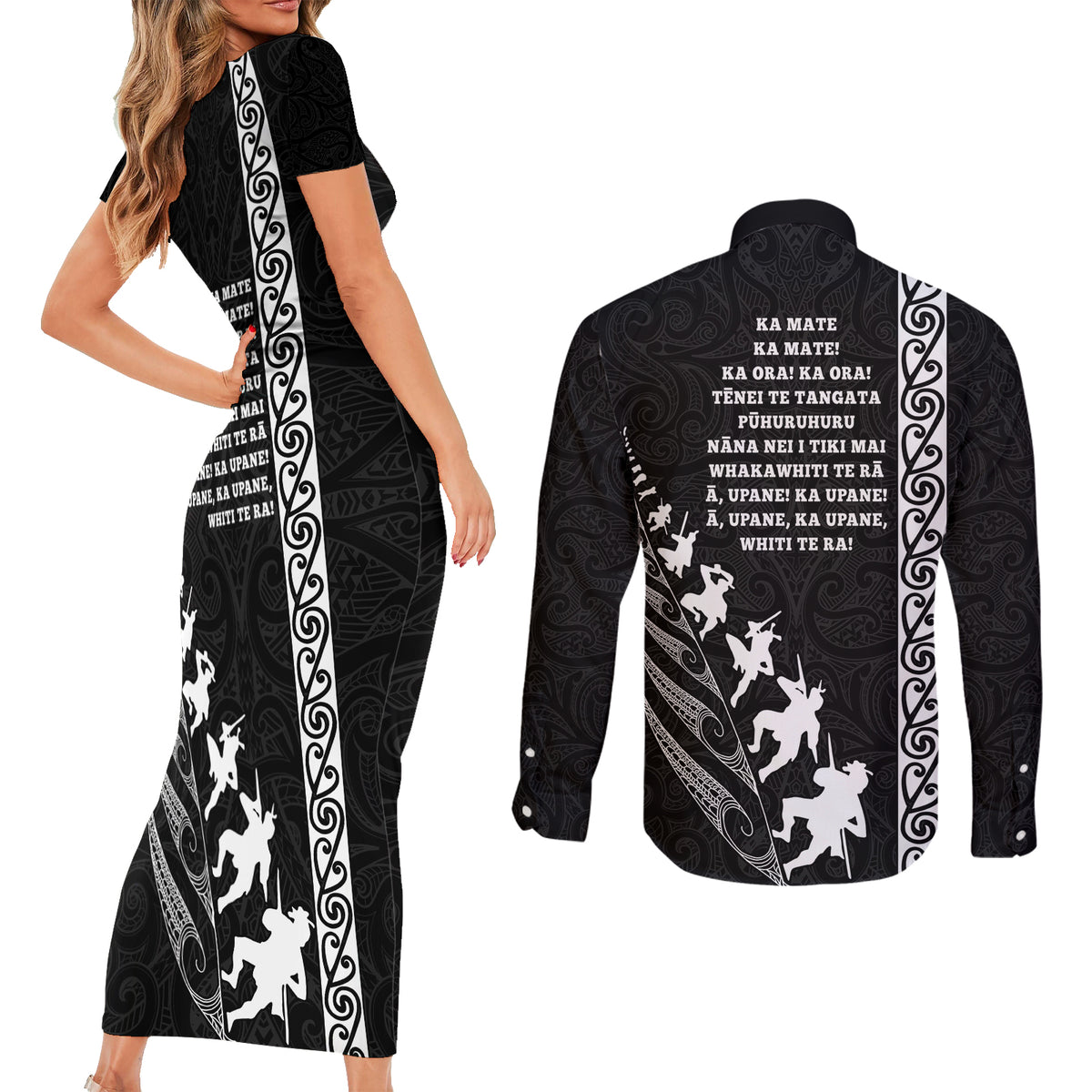 new-zealand-rugby-couples-matching-short-sleeve-bodycon-dress-and-long-sleeve-button-shirts-haka-dance-tribal-god-mask-maori-pattern