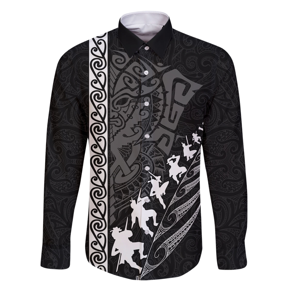 New Zealand Rugby Family Matching Mermaid Dress and Hawaiian Shirt Haka Dance Tribal God Mask Maori Pattern LT03 Dad's Shirt - Long Sleeve Black - Polynesian Pride