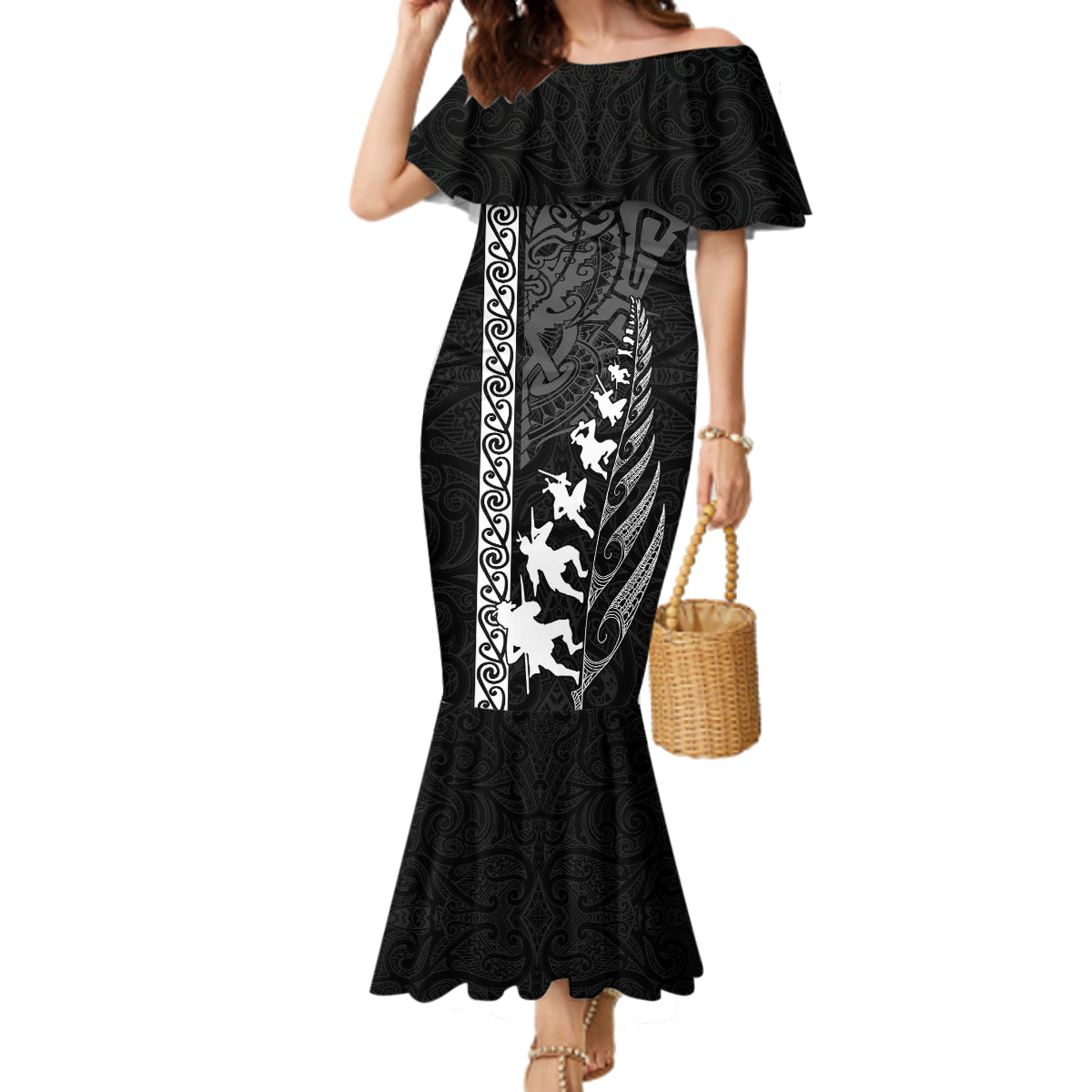 New Zealand Rugby Family Matching Mermaid Dress and Hawaiian Shirt Haka Dance Tribal God Mask Maori Pattern LT03 Mom's Dress Black - Polynesian Pride