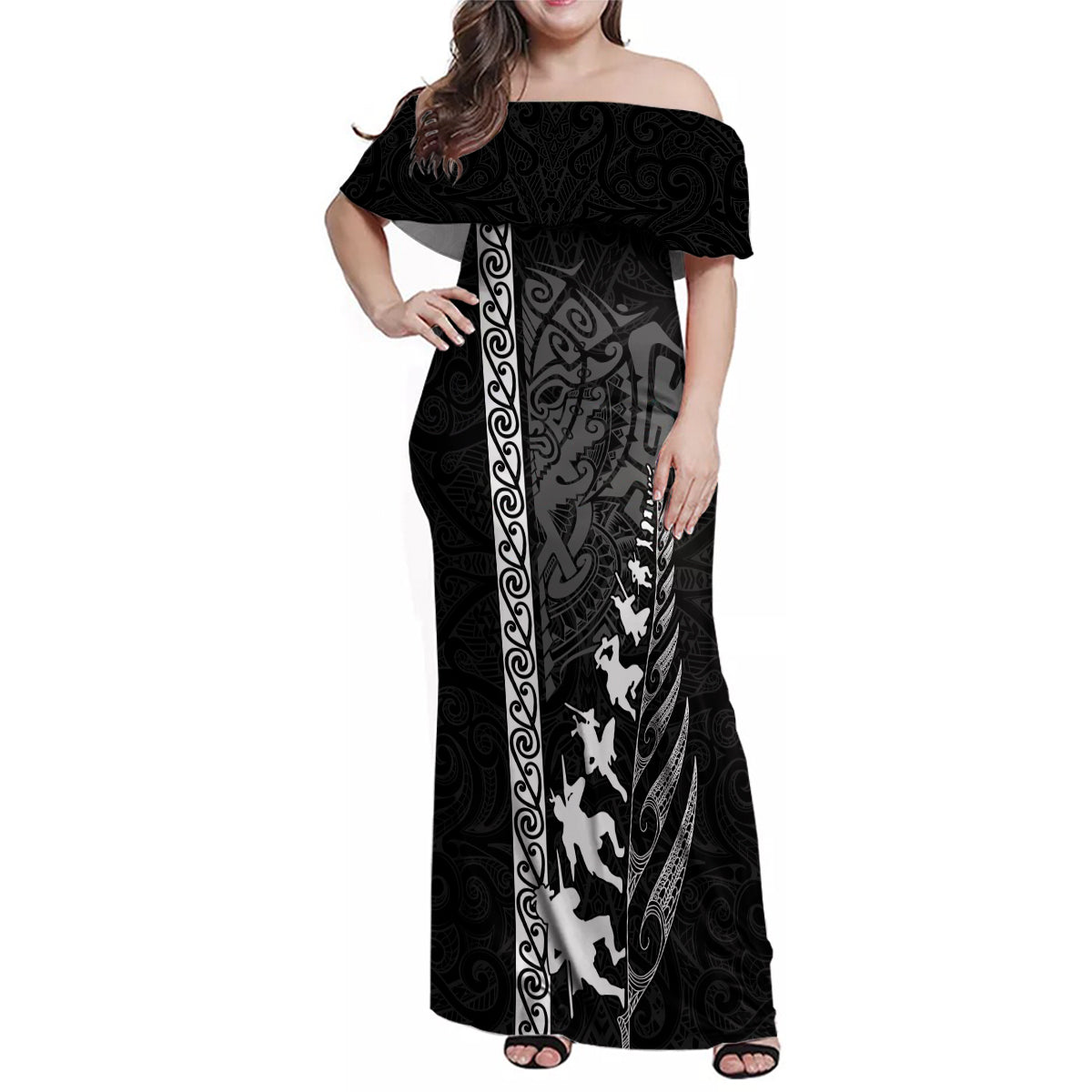 New Zealand Rugby Family Matching Off Shoulder Maxi Dress and Hawaiian Shirt Haka Dance Tribal God Mask Maori Pattern LT03 Mom's Dress Black - Polynesian Pride