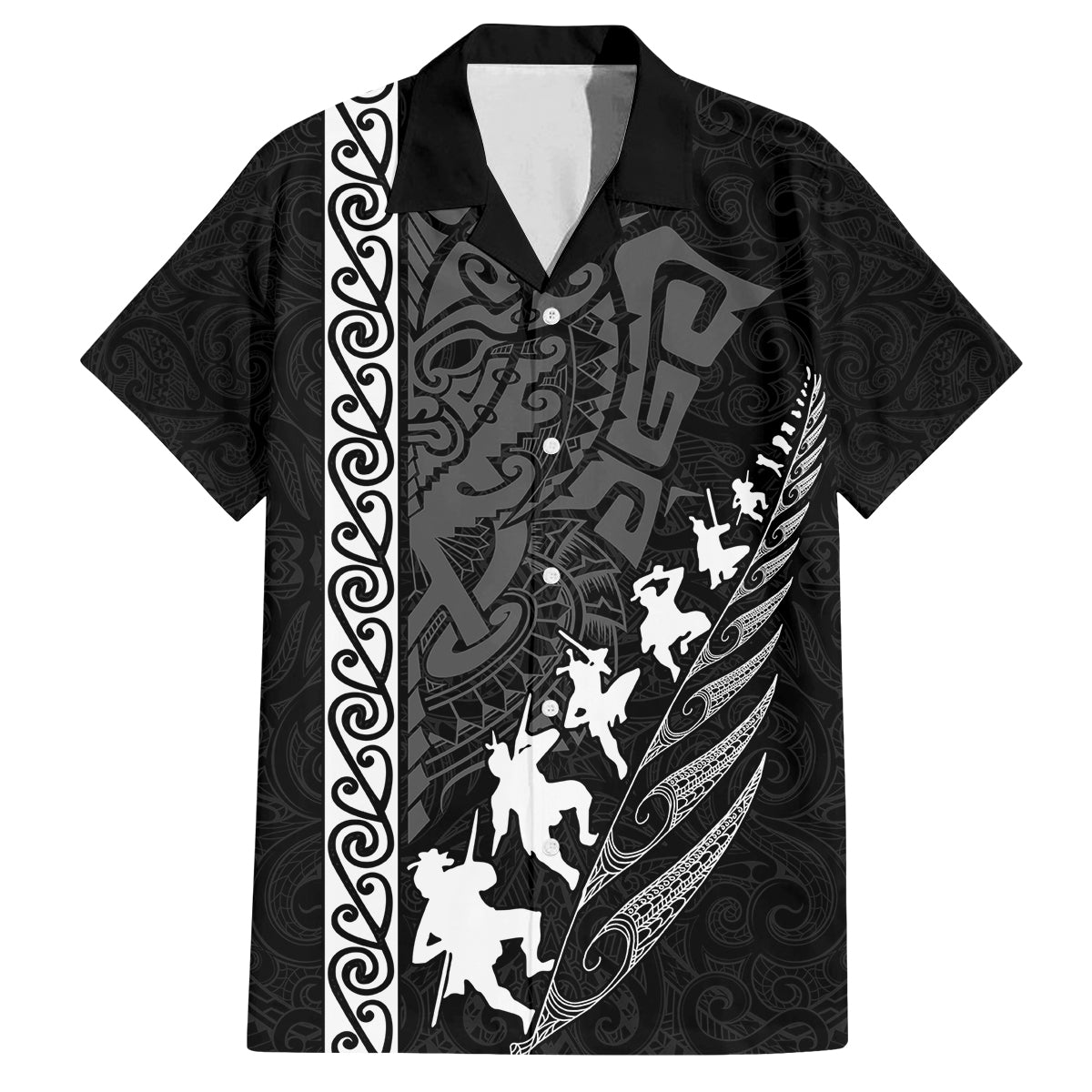New Zealand Rugby Family Matching Tank Maxi Dress and Hawaiian Shirt Haka Dance Tribal God Mask Maori Pattern LT03 Dad's Shirt - Short Sleeve Black - Polynesian Pride