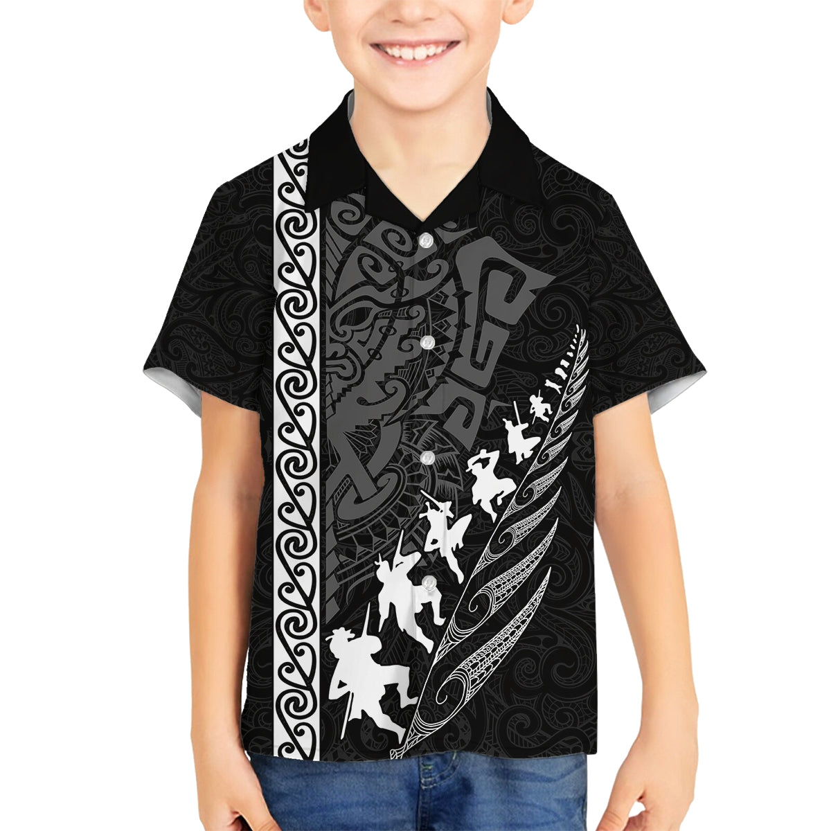 New Zealand Rugby Family Matching Tank Maxi Dress and Hawaiian Shirt Haka Dance Tribal God Mask Maori Pattern LT03 Son's Shirt Black - Polynesian Pride