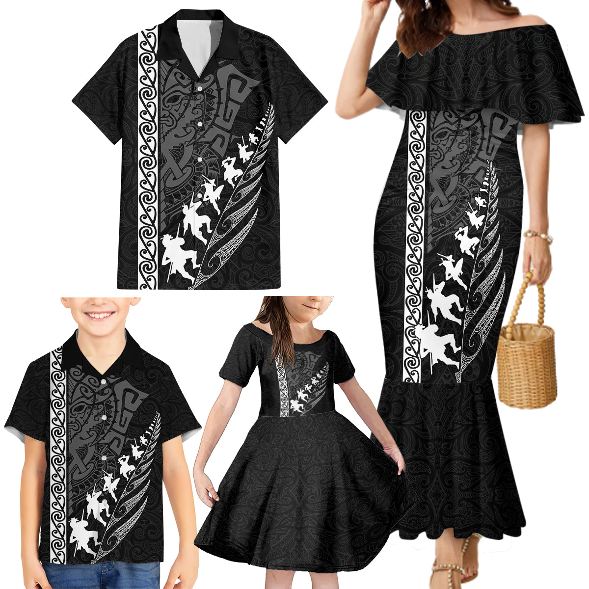 Custom New Zealand Rugby Family Matching Mermaid Dress and Hawaiian Shirt Haka Dance Tribal God Mask Maori Pattern LT03 - Polynesian Pride
