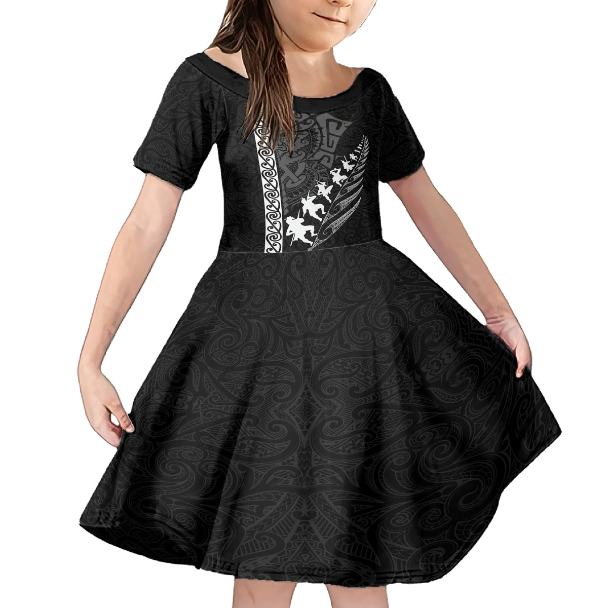Custom New Zealand Rugby Family Matching Short Sleeve Bodycon Dress and Hawaiian Shirt Haka Dance Tribal God Mask Maori Pattern LT03 Daughter's Dress Black - Polynesian Pride