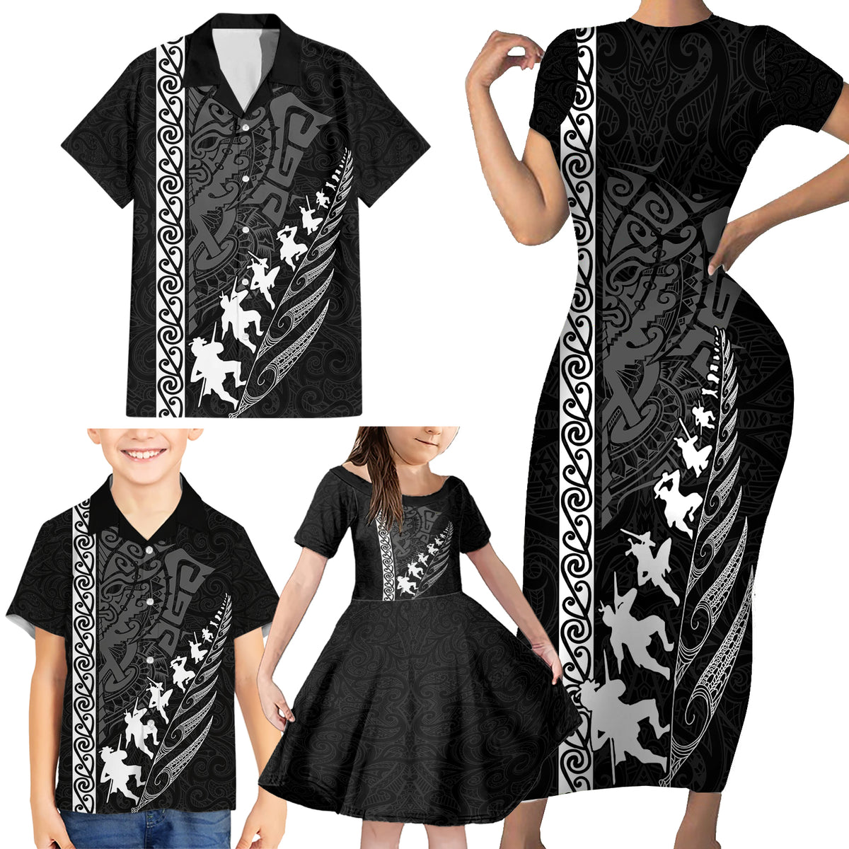 Custom New Zealand Rugby Family Matching Short Sleeve Bodycon Dress and Hawaiian Shirt Haka Dance Tribal God Mask Maori Pattern LT03 - Polynesian Pride