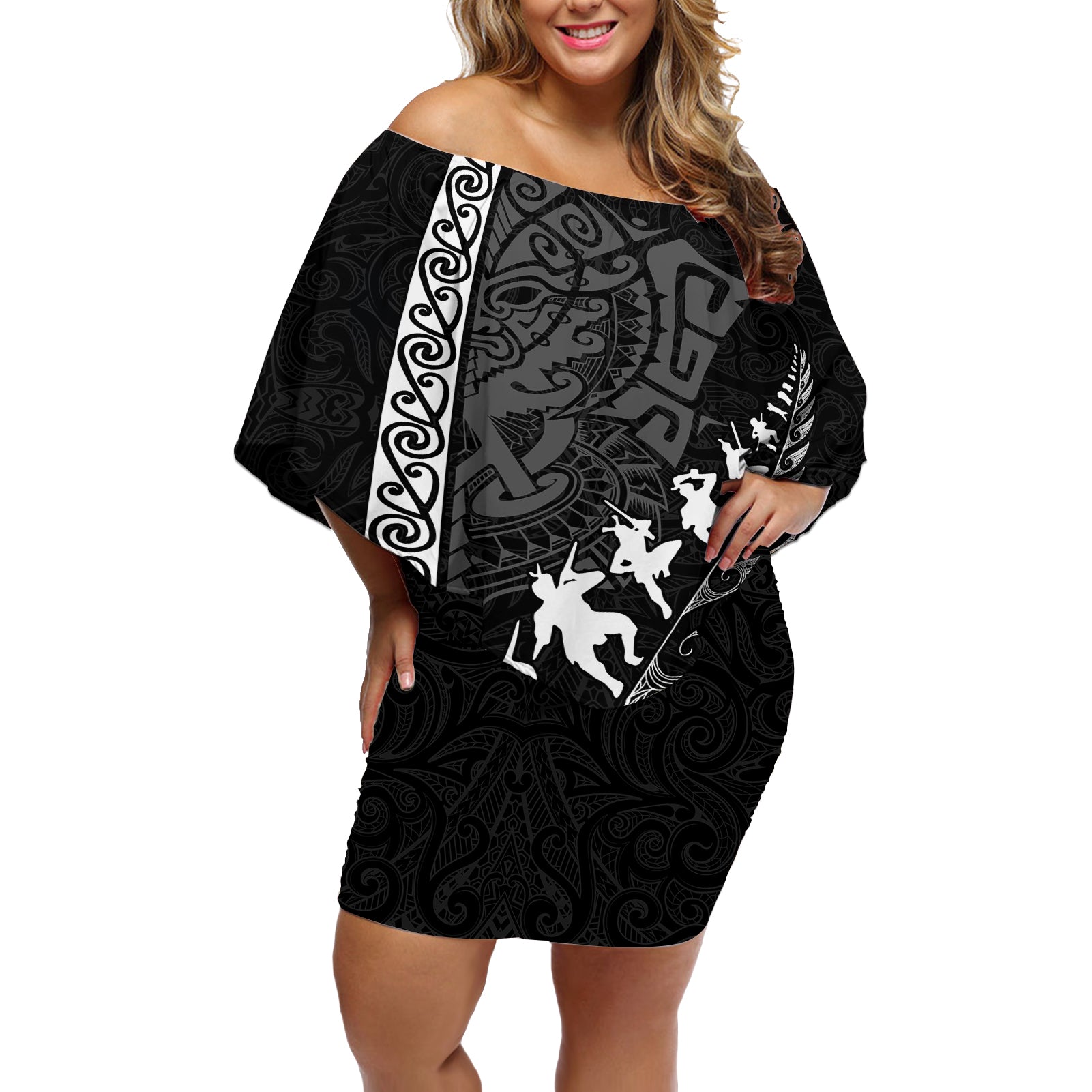 custom-new-zealand-rugby-off-shoulder-short-dress-haka-dance-tribal-god-mask-maori-pattern