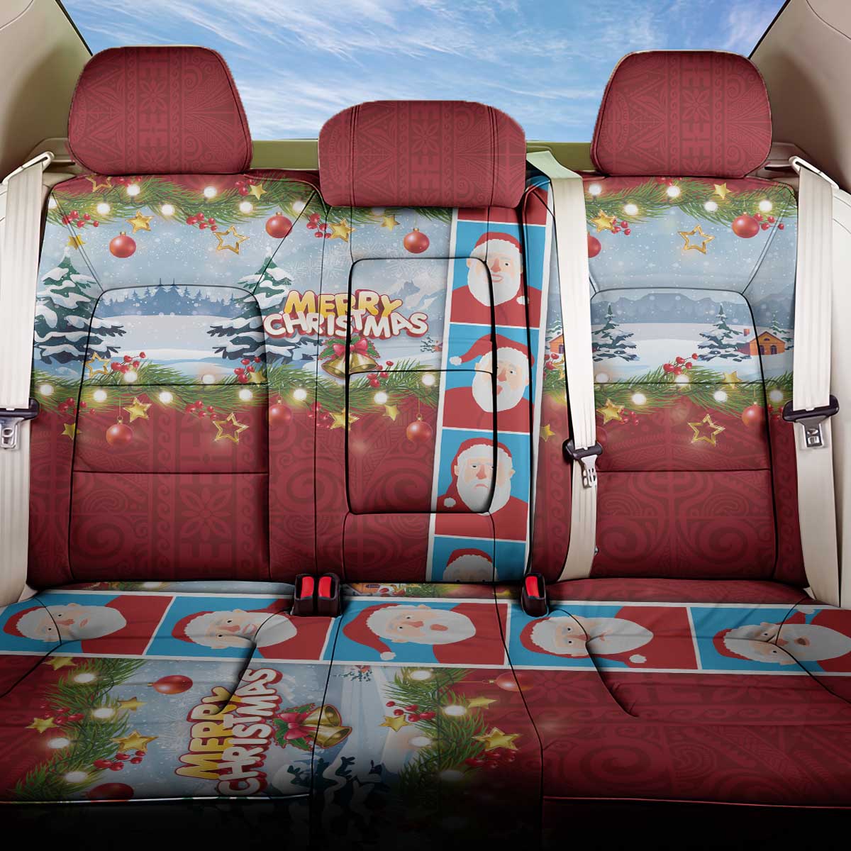 Merry Christmas Back Car Seat Cover Funny Santa Claus Cards Photo and Polynesian Pattern Red Color