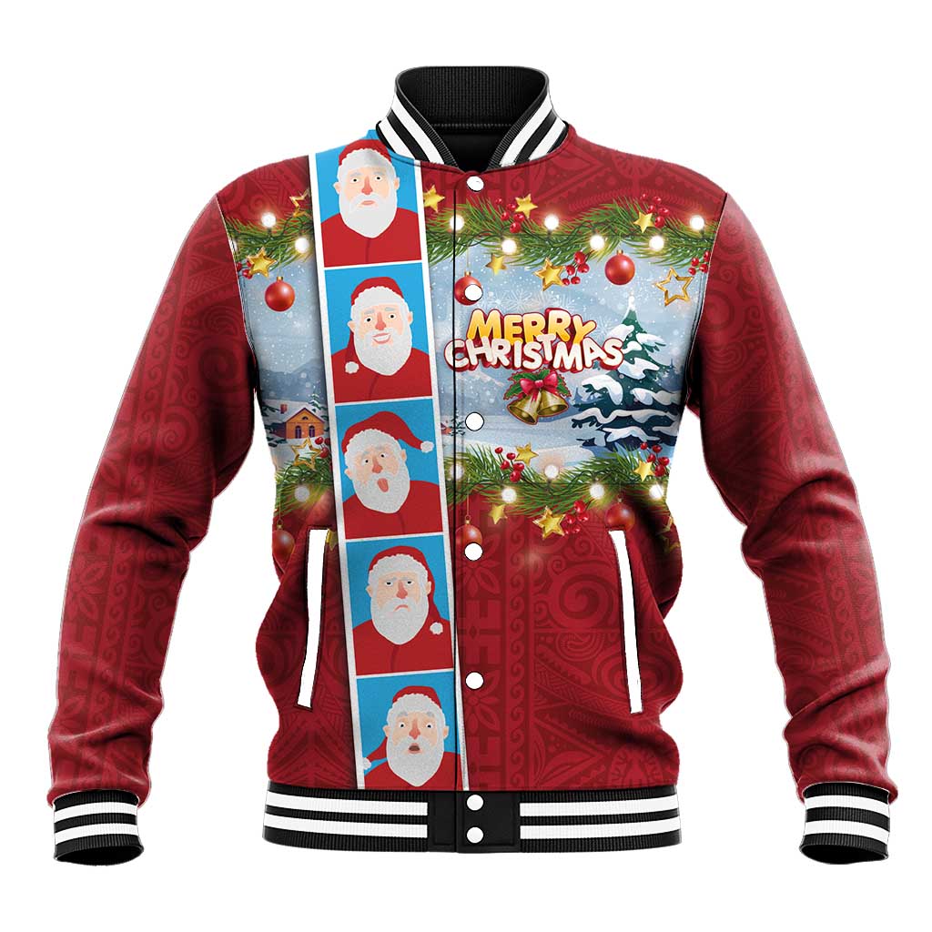 Merry Christmas Baseball Jacket Funny Santa Claus Cards Photo and Polynesian Pattern Red Color LT03 Unisex Red - Polynesian Pride