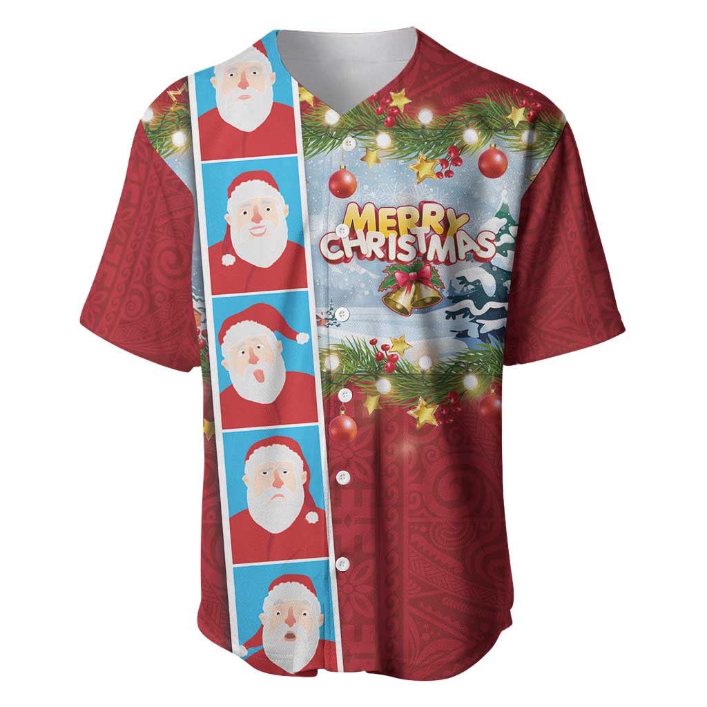 Merry Christmas Baseball Jersey Funny Santa Claus Cards Photo and Polynesian Pattern Red Color LT03 Red - Polynesian Pride