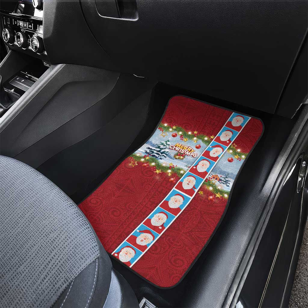 Merry Christmas Car Mats Funny Santa Claus Cards Photo and Polynesian Pattern Red Color