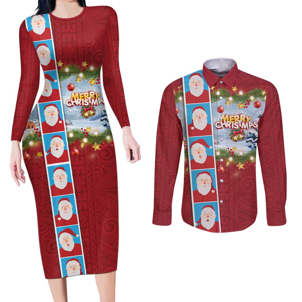 Merry Christmas Couples Matching Long Sleeve Bodycon Dress and Long Sleeve Button Shirt Funny Santa Claus Cards Photo and Polynesian Pattern Red Color