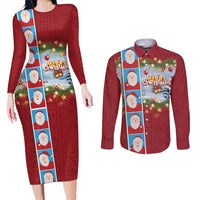 Merry Christmas Couples Matching Long Sleeve Bodycon Dress and Long Sleeve Button Shirt Funny Santa Claus Cards Photo and Polynesian Pattern Red Color