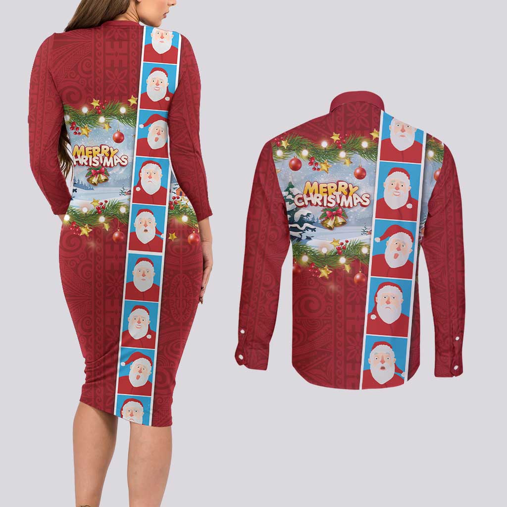 Merry Christmas Couples Matching Long Sleeve Bodycon Dress and Long Sleeve Button Shirt Funny Santa Claus Cards Photo and Polynesian Pattern Red Color