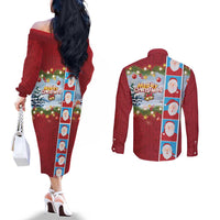 Merry Christmas Couples Matching Off The Shoulder Long Sleeve Dress and Long Sleeve Button Shirt Funny Santa Claus Cards Photo and Polynesian Pattern Red Color