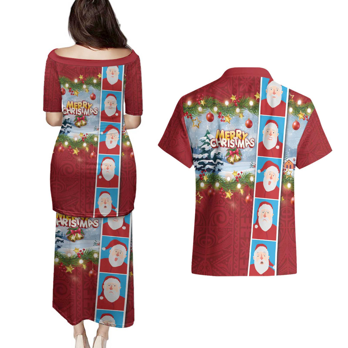Merry Christmas Couples Matching Puletasi and Hawaiian Shirt Funny Santa Claus Cards Photo and Polynesian Pattern Red Color