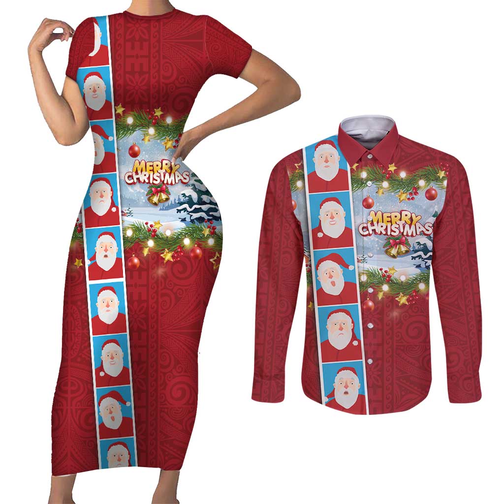 Merry Christmas Couples Matching Short Sleeve Bodycon Dress and Long Sleeve Button Shirt Funny Santa Claus Cards Photo and Polynesian Pattern Red Color