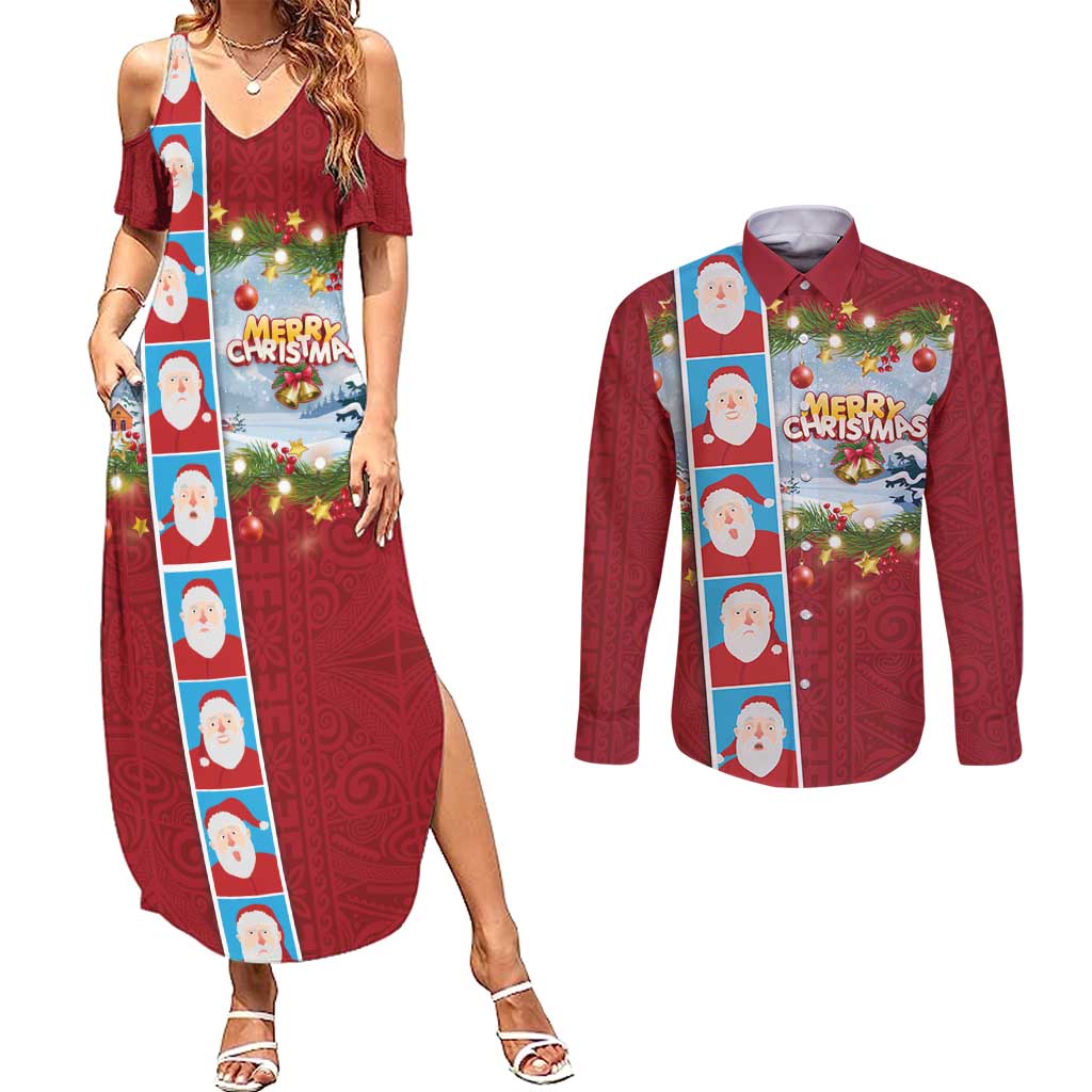 Merry Christmas Couples Matching Summer Maxi Dress and Long Sleeve Button Shirt Funny Santa Claus Cards Photo and Polynesian Pattern Red Color