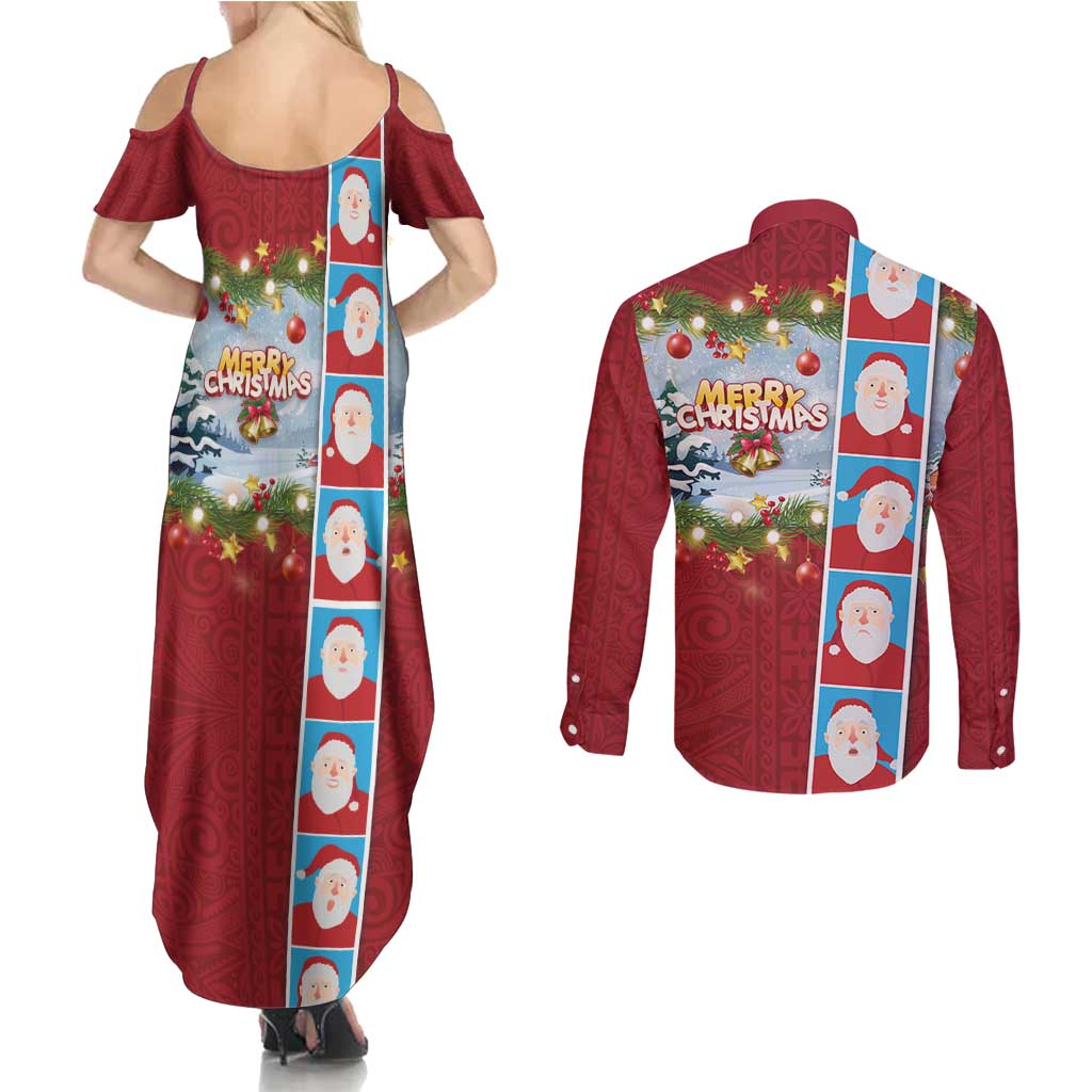 Merry Christmas Couples Matching Summer Maxi Dress and Long Sleeve Button Shirt Funny Santa Claus Cards Photo and Polynesian Pattern Red Color