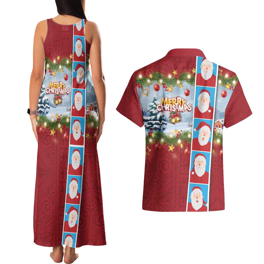 Merry Christmas Couples Matching Tank Maxi Dress and Hawaiian Shirt Funny Santa Claus Cards Photo and Polynesian Pattern Red Color