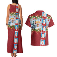 Merry Christmas Couples Matching Tank Maxi Dress and Hawaiian Shirt Funny Santa Claus Cards Photo and Polynesian Pattern Red Color