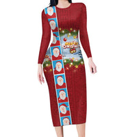 Merry Christmas Family Matching Long Sleeve Bodycon Dress and Hawaiian Shirt Funny Santa Claus Cards Photo and Polynesian Pattern Red Color LT03 Mom's Dress Red - Polynesian Pride