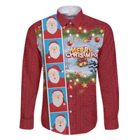 Merry Christmas Family Matching Mermaid Dress and Hawaiian Shirt Funny Santa Claus Cards Photo and Polynesian Pattern Red Color LT03 Dad's Shirt - Long Sleeve Red - Polynesian Pride