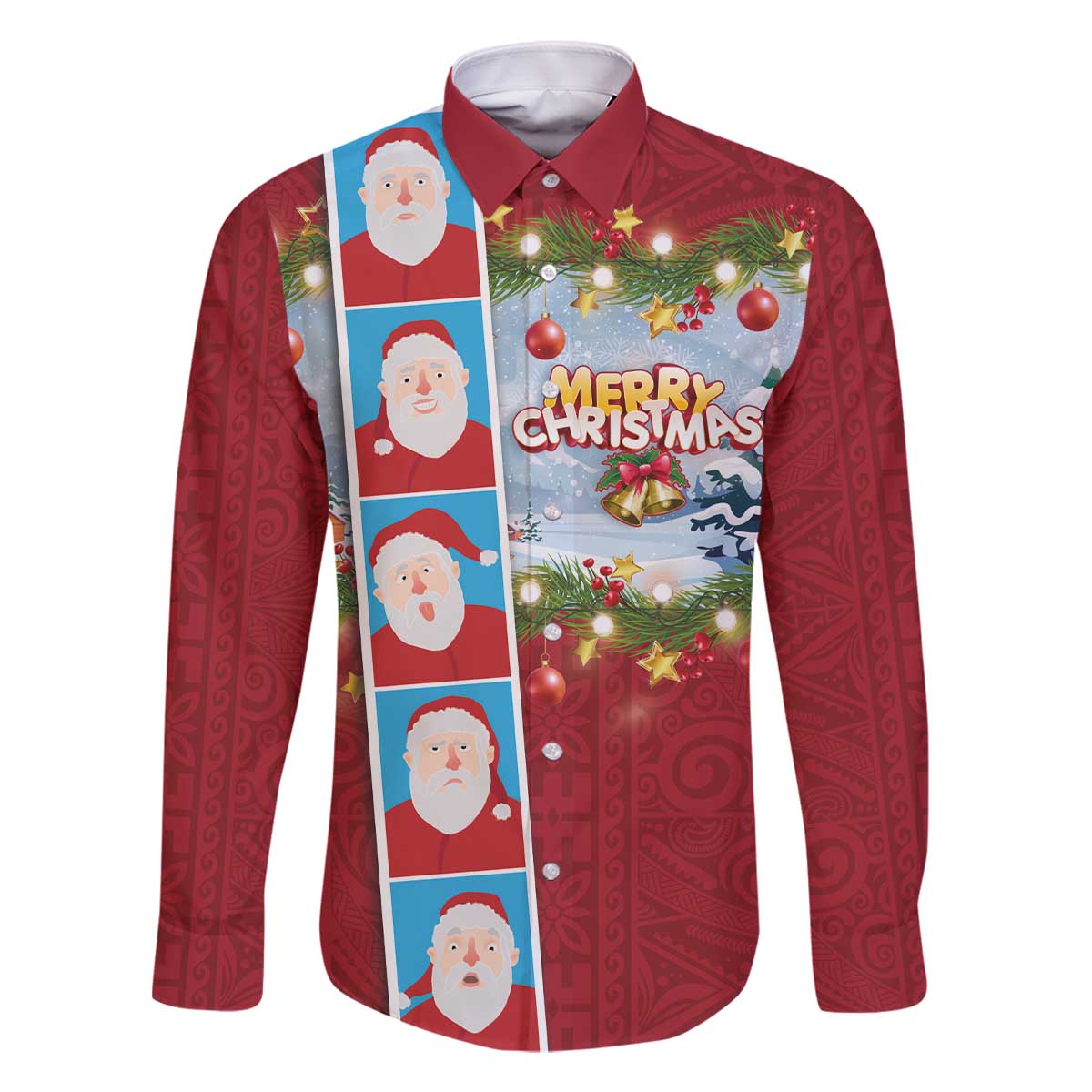 Merry Christmas Family Matching Off The Shoulder Long Sleeve Dress and Hawaiian Shirt Funny Santa Claus Cards Photo and Polynesian Pattern Red Color