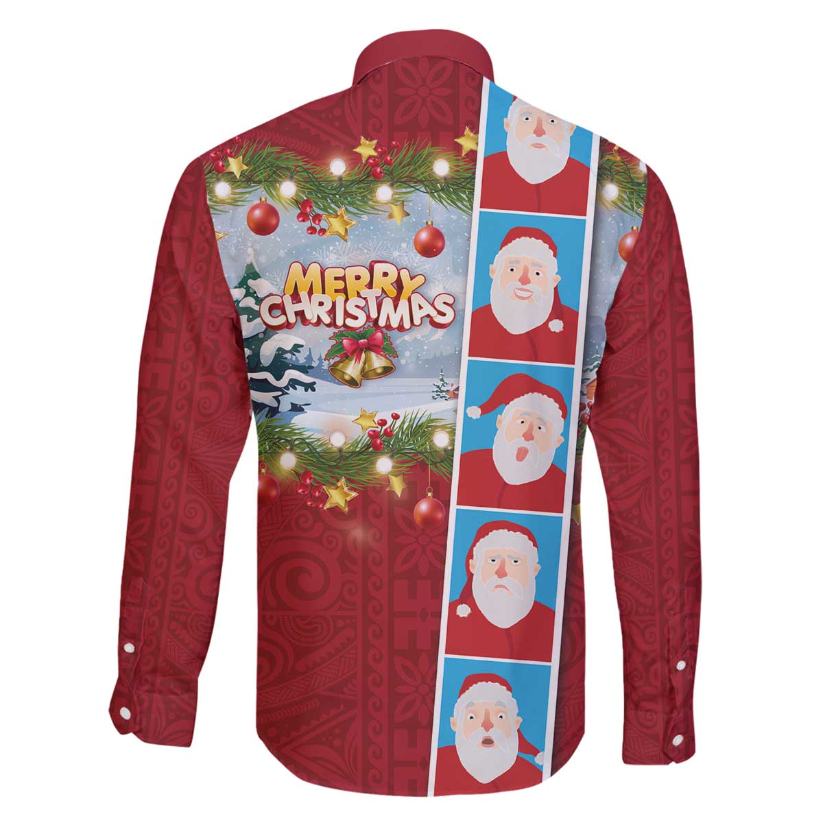 Merry Christmas Family Matching Off The Shoulder Long Sleeve Dress and Hawaiian Shirt Funny Santa Claus Cards Photo and Polynesian Pattern Red Color