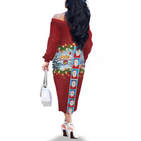 Merry Christmas Family Matching Off The Shoulder Long Sleeve Dress and Hawaiian Shirt Funny Santa Claus Cards Photo and Polynesian Pattern Red Color