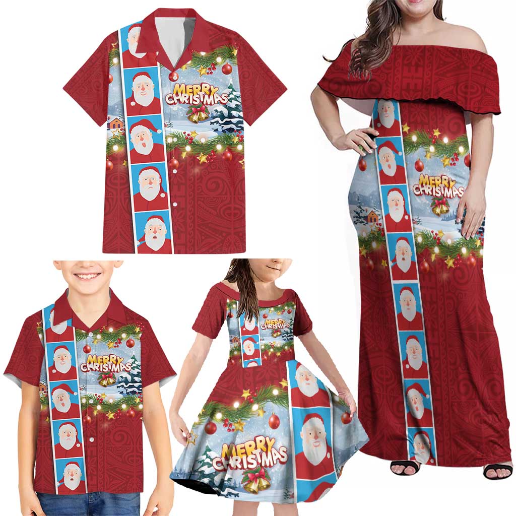 Merry Christmas Family Matching Off Shoulder Maxi Dress and Hawaiian Shirt Funny Santa Claus Cards Photo and Polynesian Pattern Red Color LT03 - Polynesian Pride