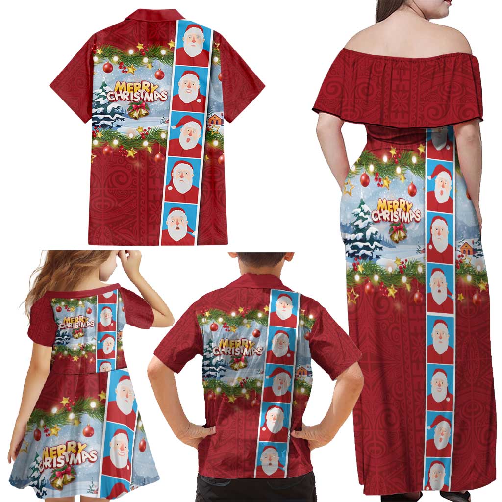 Merry Christmas Family Matching Off Shoulder Maxi Dress and Hawaiian Shirt Funny Santa Claus Cards Photo and Polynesian Pattern Red Color LT03 - Polynesian Pride