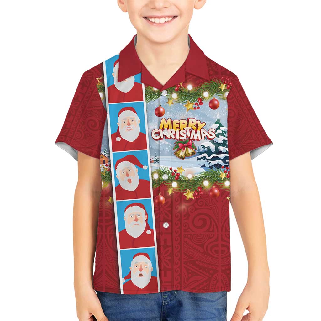 Merry Christmas Family Matching Off Shoulder Maxi Dress and Hawaiian Shirt Funny Santa Claus Cards Photo and Polynesian Pattern Red Color LT03 Son's Shirt Red - Polynesian Pride