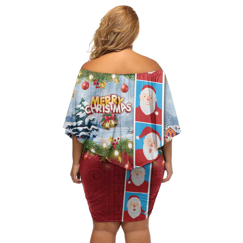 Merry Christmas Family Matching Off Shoulder Short Dress and Hawaiian Shirt Funny Santa Claus Cards Photo and Polynesian Pattern Red Color LT03 - Polynesian Pride