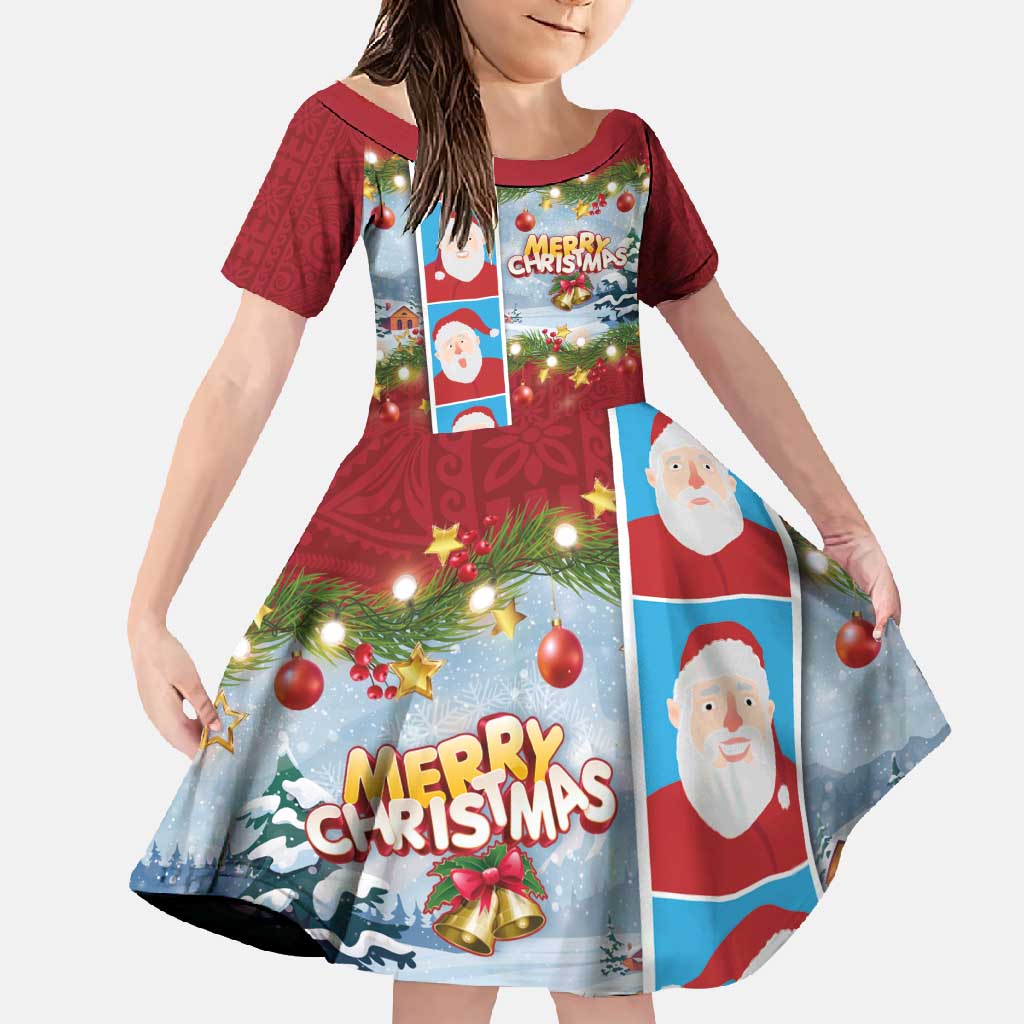 Merry Christmas Family Matching Summer Maxi Dress and Hawaiian Shirt Funny Santa Claus Cards Photo and Polynesian Pattern Red Color LT03 Daughter's Dress Red - Polynesian Pride
