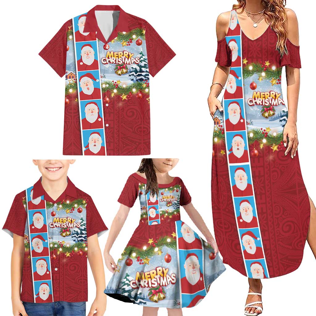 Merry Christmas Family Matching Summer Maxi Dress and Hawaiian Shirt Funny Santa Claus Cards Photo and Polynesian Pattern Red Color LT03 - Polynesian Pride