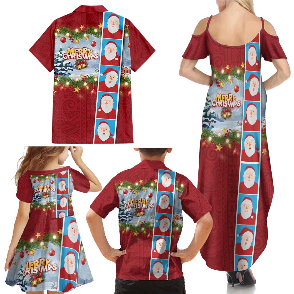 Merry Christmas Family Matching Summer Maxi Dress and Hawaiian Shirt Funny Santa Claus Cards Photo and Polynesian Pattern Red Color LT03 - Polynesian Pride