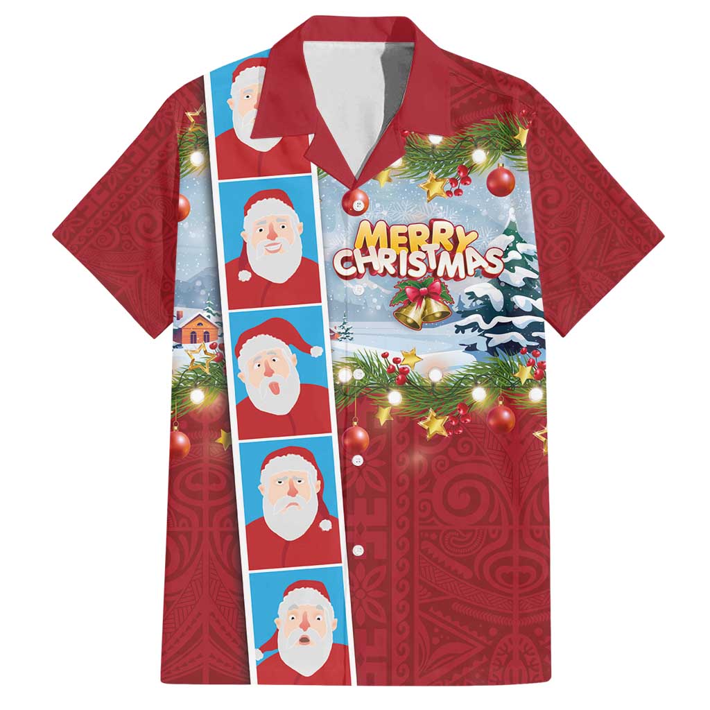 Merry Christmas Family Matching Tank Maxi Dress and Hawaiian Shirt Funny Santa Claus Cards Photo and Polynesian Pattern Red Color LT03 Dad's Shirt - Short Sleeve Red - Polynesian Pride