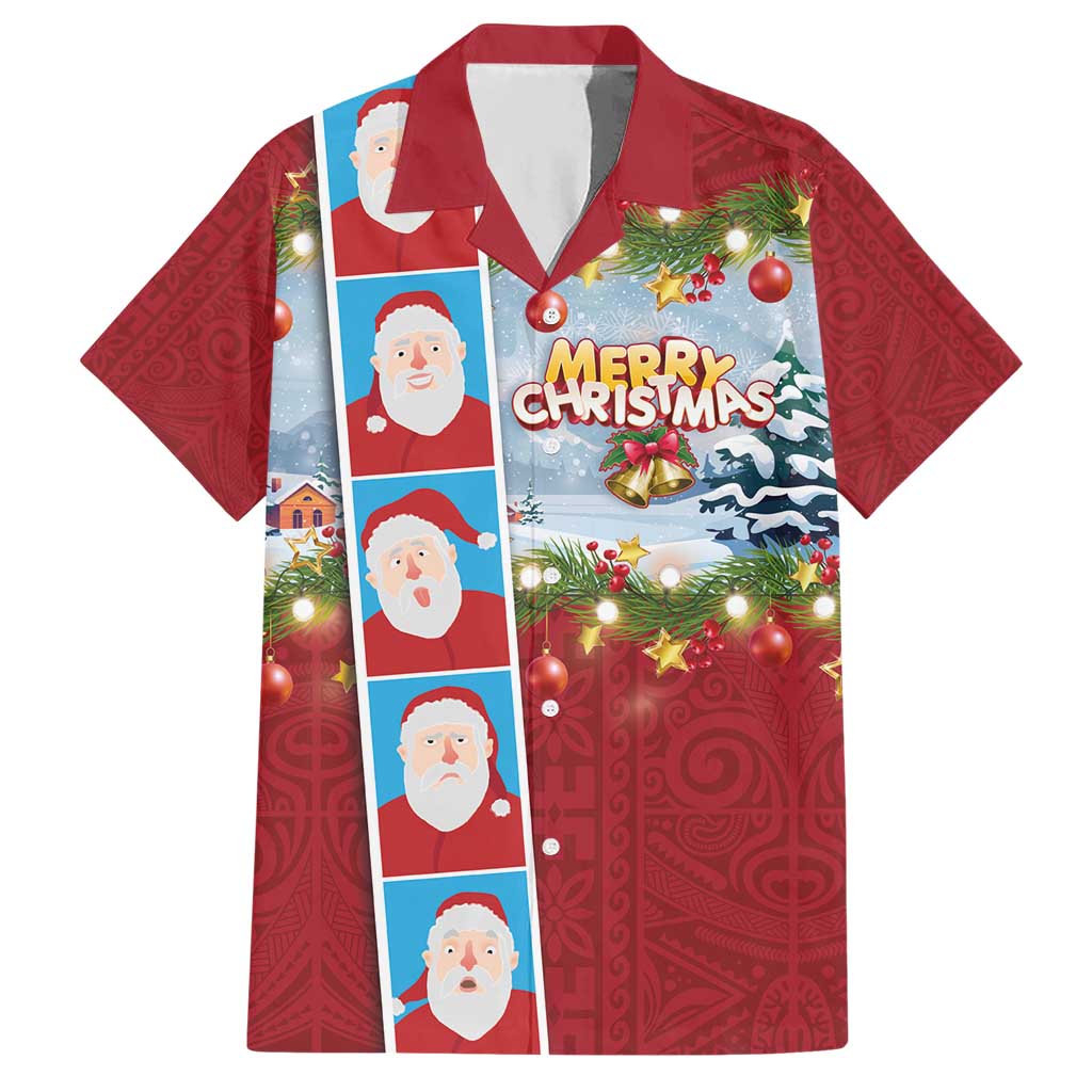 Merry Christmas Hawaiian Shirt Funny Santa Claus Cards Photo and Polynesian Pattern Red Color