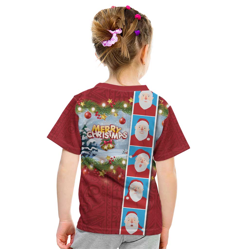 Merry Christmas Kid T Shirt Funny Santa Claus Cards Photo and Polynesian Pattern Red Color LT03 - Polynesian Pride
