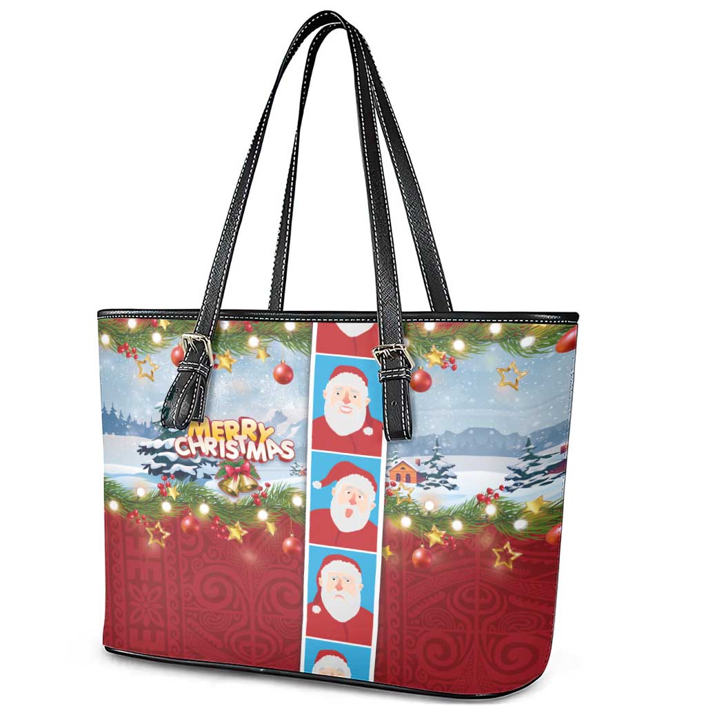 Merry Christmas Leather Tote Bag Funny Santa Claus Cards Photo and Polynesian Pattern Red Color LT03 - Polynesian Pride