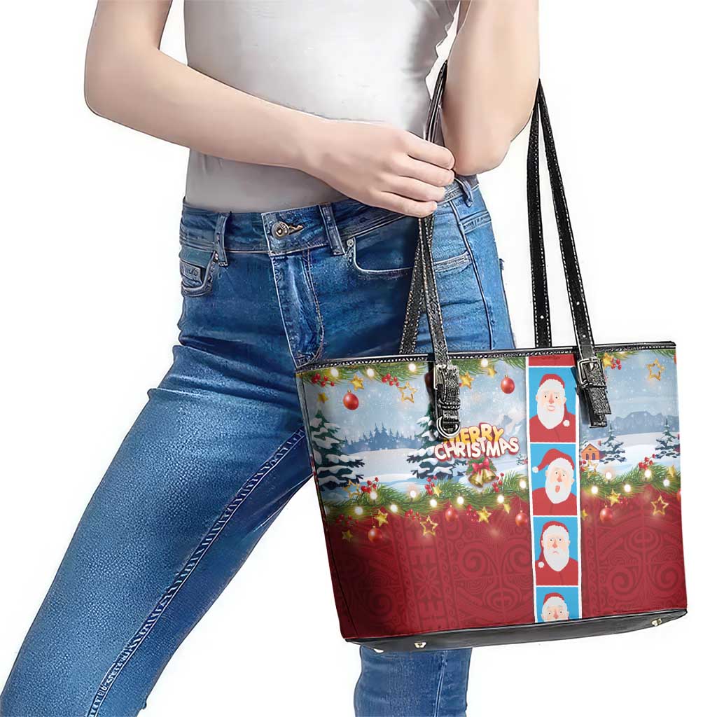 Merry Christmas Leather Tote Bag Funny Santa Claus Cards Photo and Polynesian Pattern Red Color LT03 - Polynesian Pride